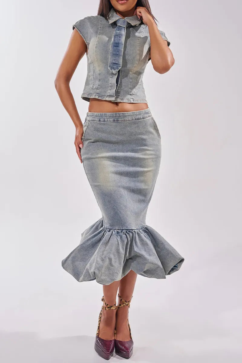 Women's Lapel Necktie Cap Sleeve Fitted Cropped Denim Shirt Or High Waist Bodycon Ruffle Flare Mermaid Denim Midi Skirt