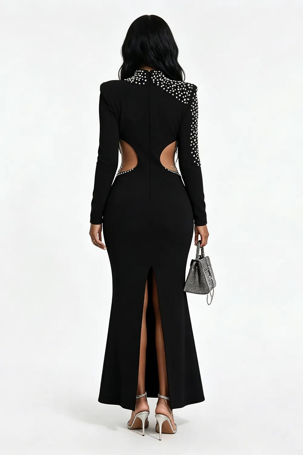 Mock Neck Beaded Long Sleeve Mermaid Bodycon Party Maxi Dresses-Black
