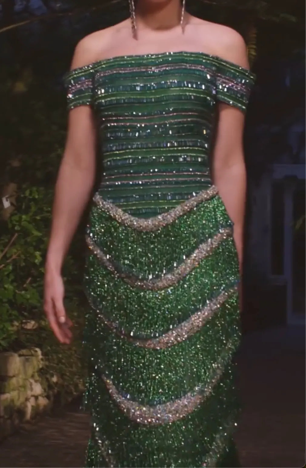 Emerald Green Off-the-Shoulder Fringe Maxi Dress with Crystal Trim