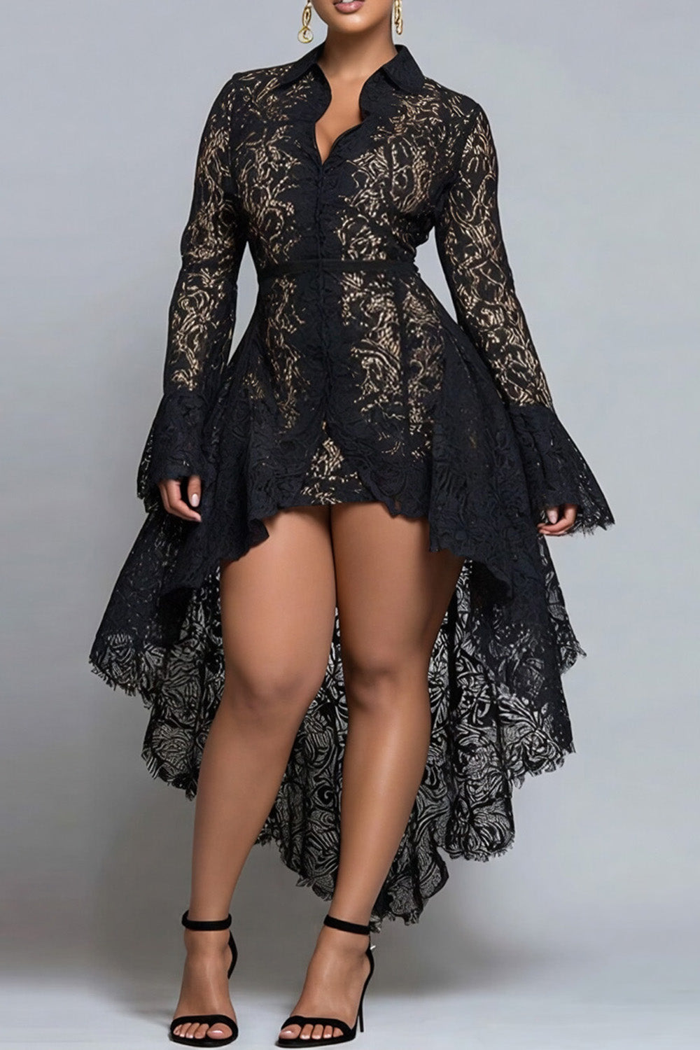 Party Black Stand-Up Collar Long Sleeve High Low Hem Elegant See Through Lace Mini Dresses