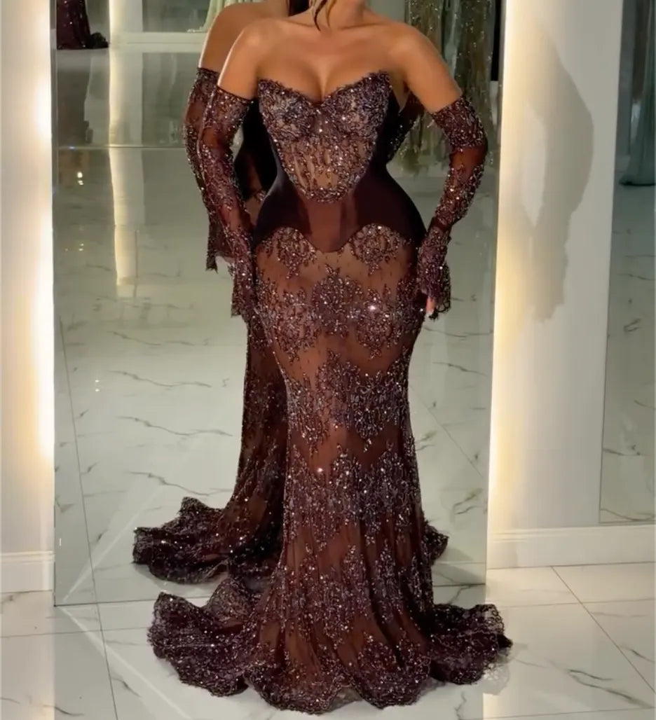 Strapless Sweetheart Off Shoulder Long Sleeve Lace Rhinestone Sheer Mermaid Evening Gown, Dark Brown Corset Waist Train Formal Dress