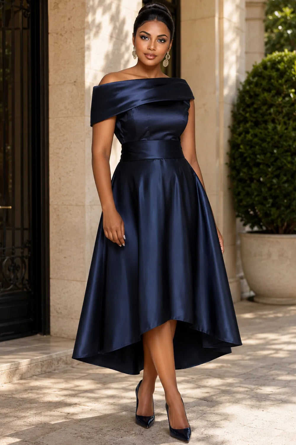 Wedding Guest Elegant Navy Blue Off The Shoulder Short Sleeve Asymmetric Hem Pocket Satin Midi Dresses