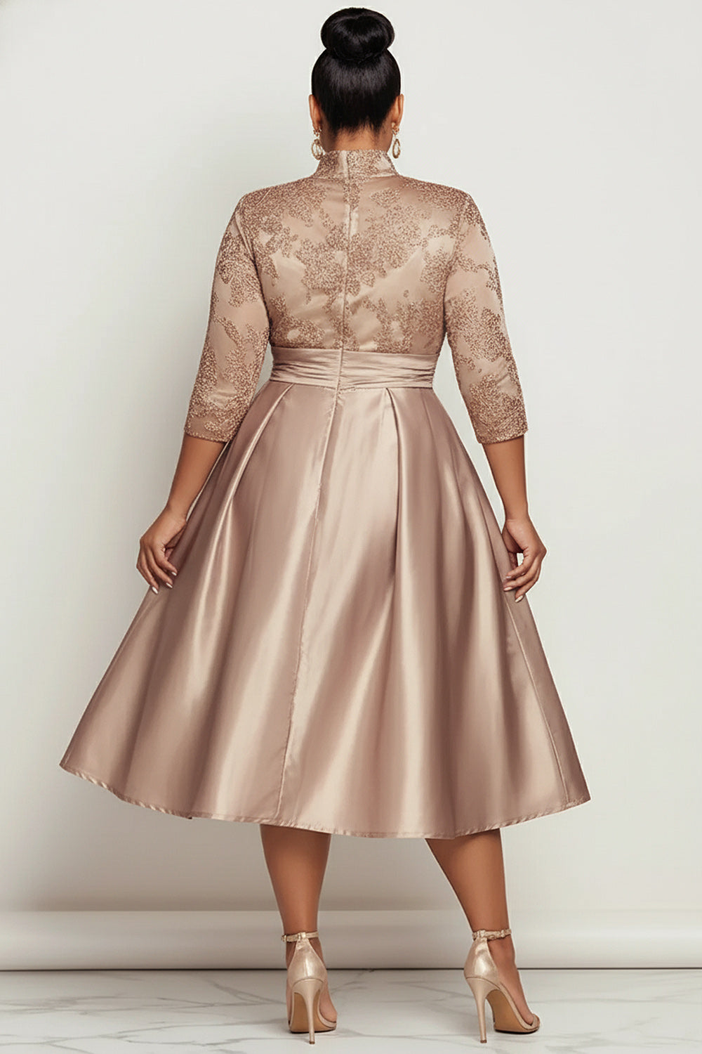 Churchs Champagne Stand-Up Collar 3/4 Sleeve Pocket Elegant Contrast Satin Midi Dresses