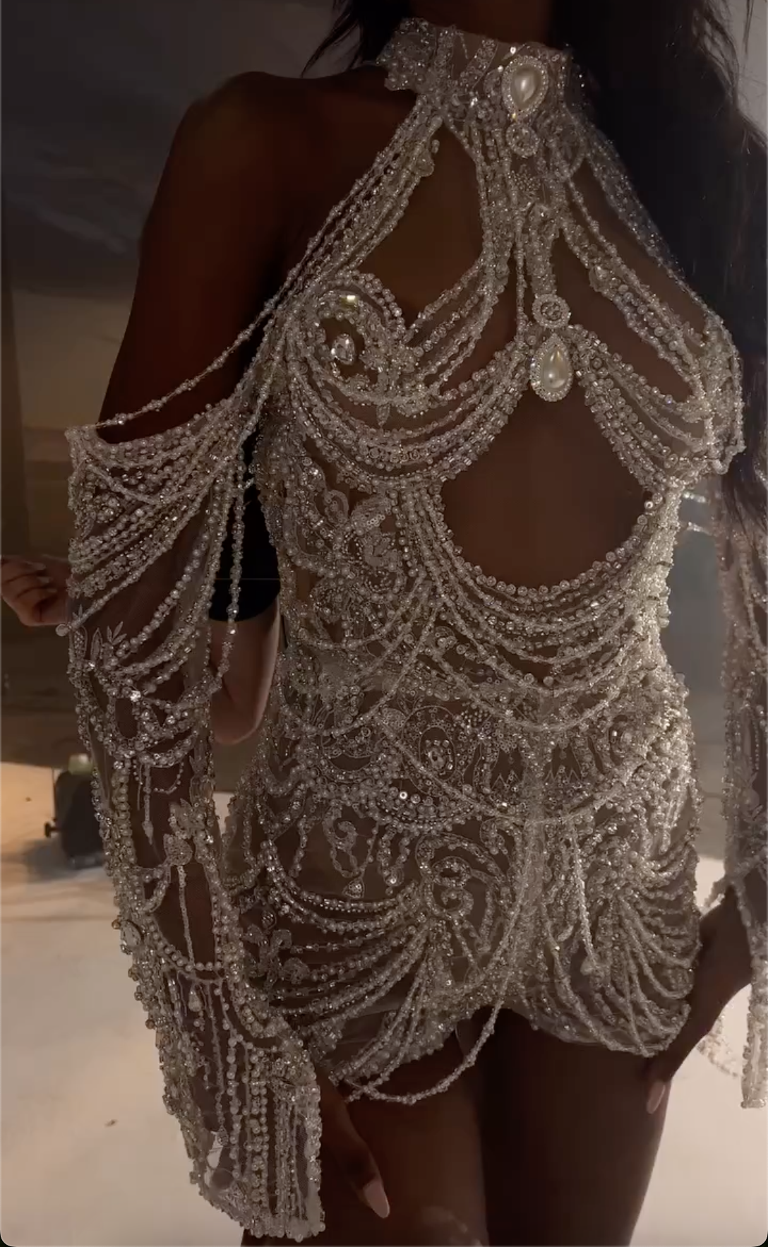 White Sheer Beaded Mini Dress with High Neck