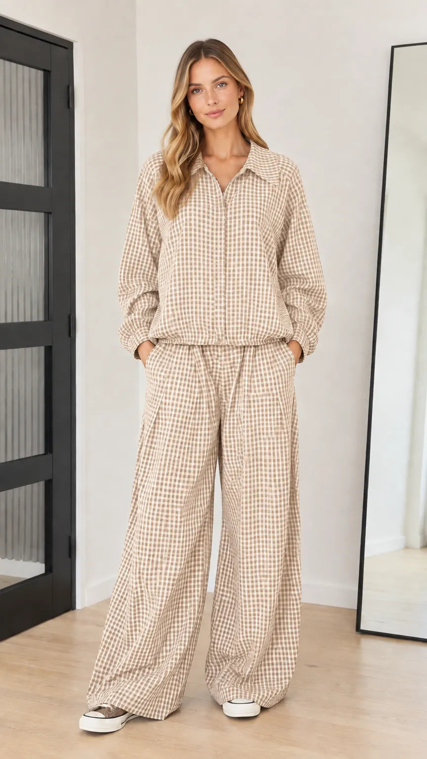 Women's Gingham Collared Long Sleeve Top and Wide-Leg Pants Two-Piece Set