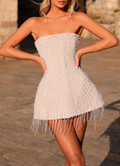 Nude Beaded Strapless Mini Dress with Fringe Hem