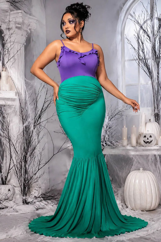 Halloween Costume Green Mermaid Sleeveless Patchwork Knitted Maxi Dress(Ships 24h)