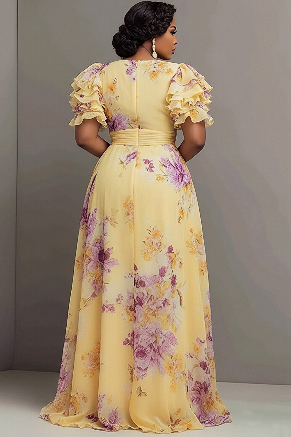 Elegant Yellow Floral V Neck Short Sleeve Ruffle 3D Chiffon Maxi Dresses