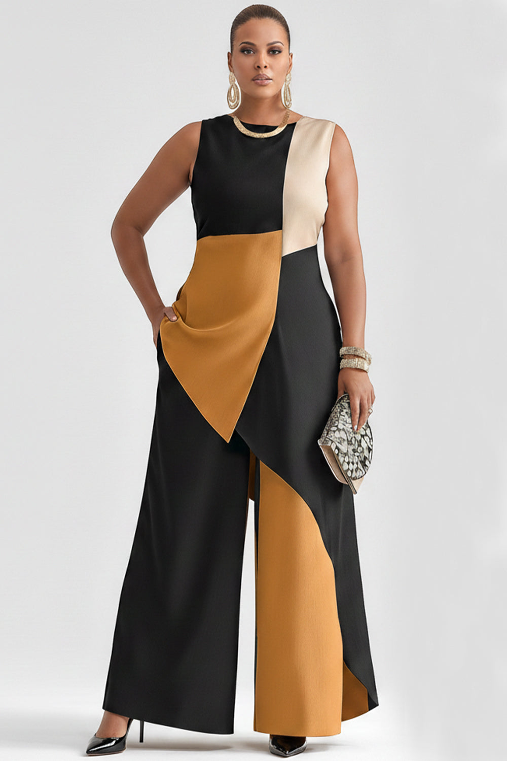 Business Casual Multicolor Colorblock Round Neck Asymmetric Hem Pocket Two Piece Pant Sets