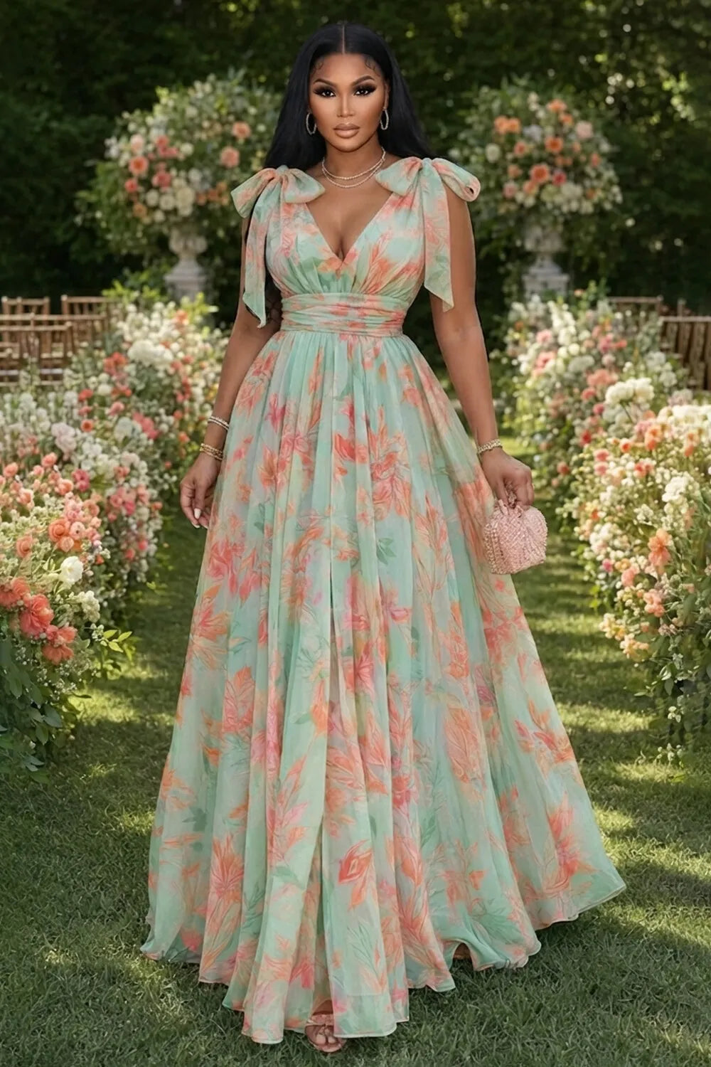 Bowknot Strap V Neck Floral Print Cinch Waist Maxi Dresses-Green [Pre Order]