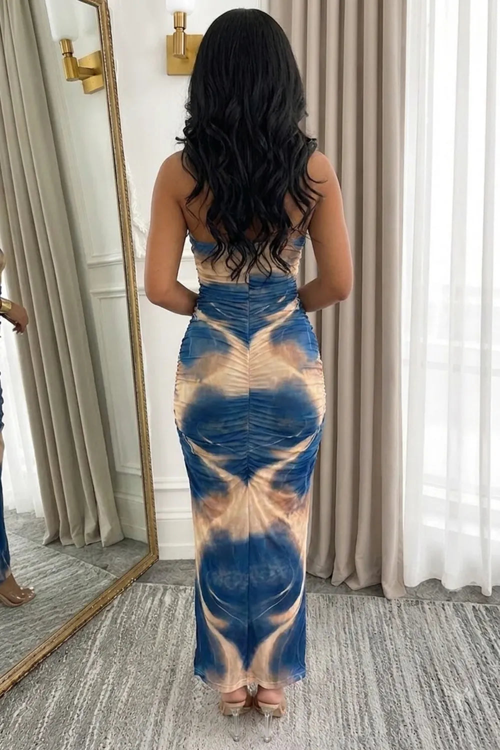 Tie Dye Print Crossover Halter Neck Ruched Slim Vacation Maxi Dresses-Blue