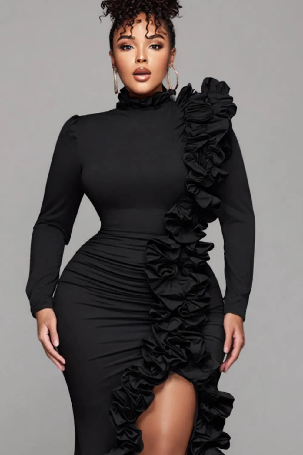 Black Round Neck Long Sleeve Split Elegant Ruffle 3D Satin Maxi Dresses