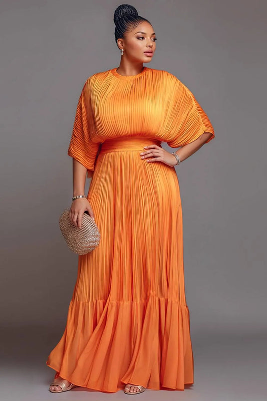 Mother Of The Bride Orange Round Neck Short Sleeve Pleated Maxi Dresses