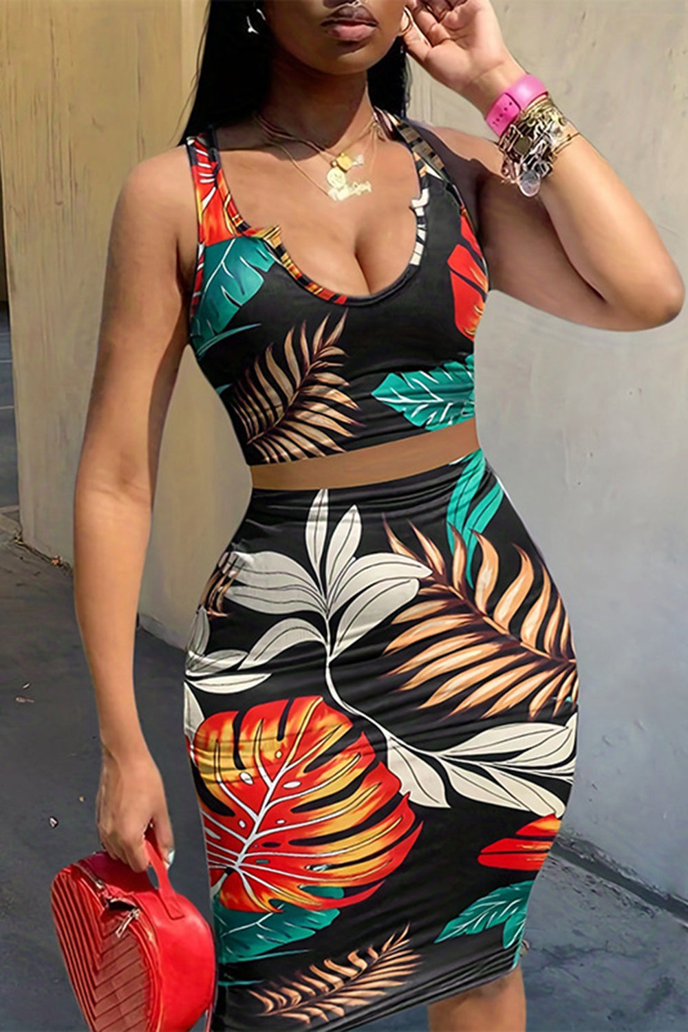 Leaf Print U Neck Crop Tank Top Skinny Mini Skirt Casual 2pcs Set-Multicolor