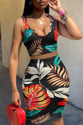 Leaf Print U Neck Crop Tank Top Skinny Mini Skirt Casual 2pcs Set-Multicolor