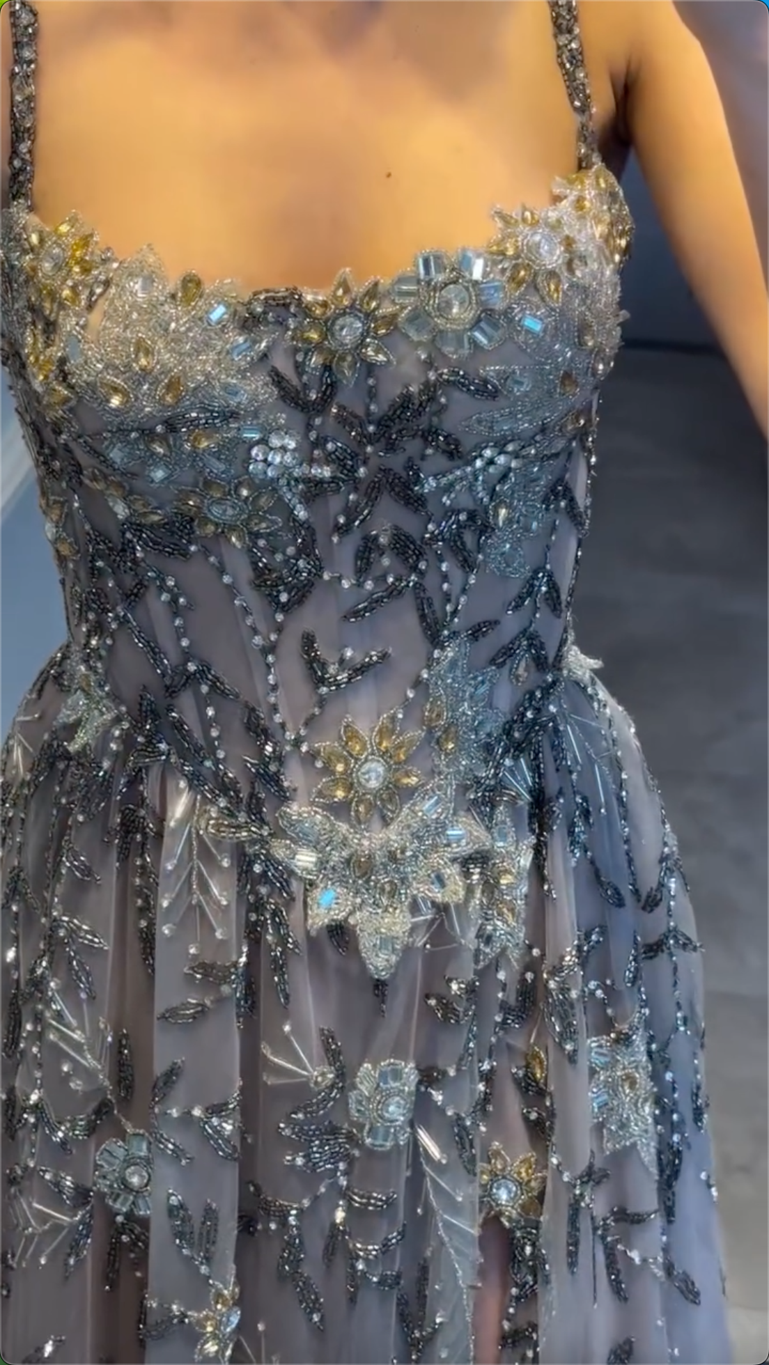 Multi-Color Floral Crystal Beaded Spaghetti Strap High Split Tulle Maxi Evening Dress, Formal Prom Pageant Gown