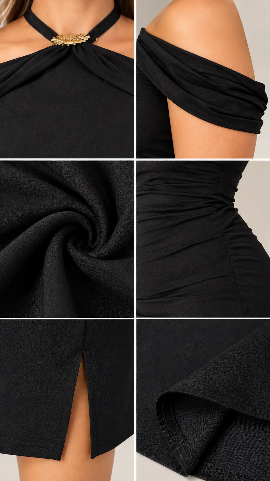 Halter Neck Cold Shoulder Ruched Bodycon Midi Dress with Matching Sleeves