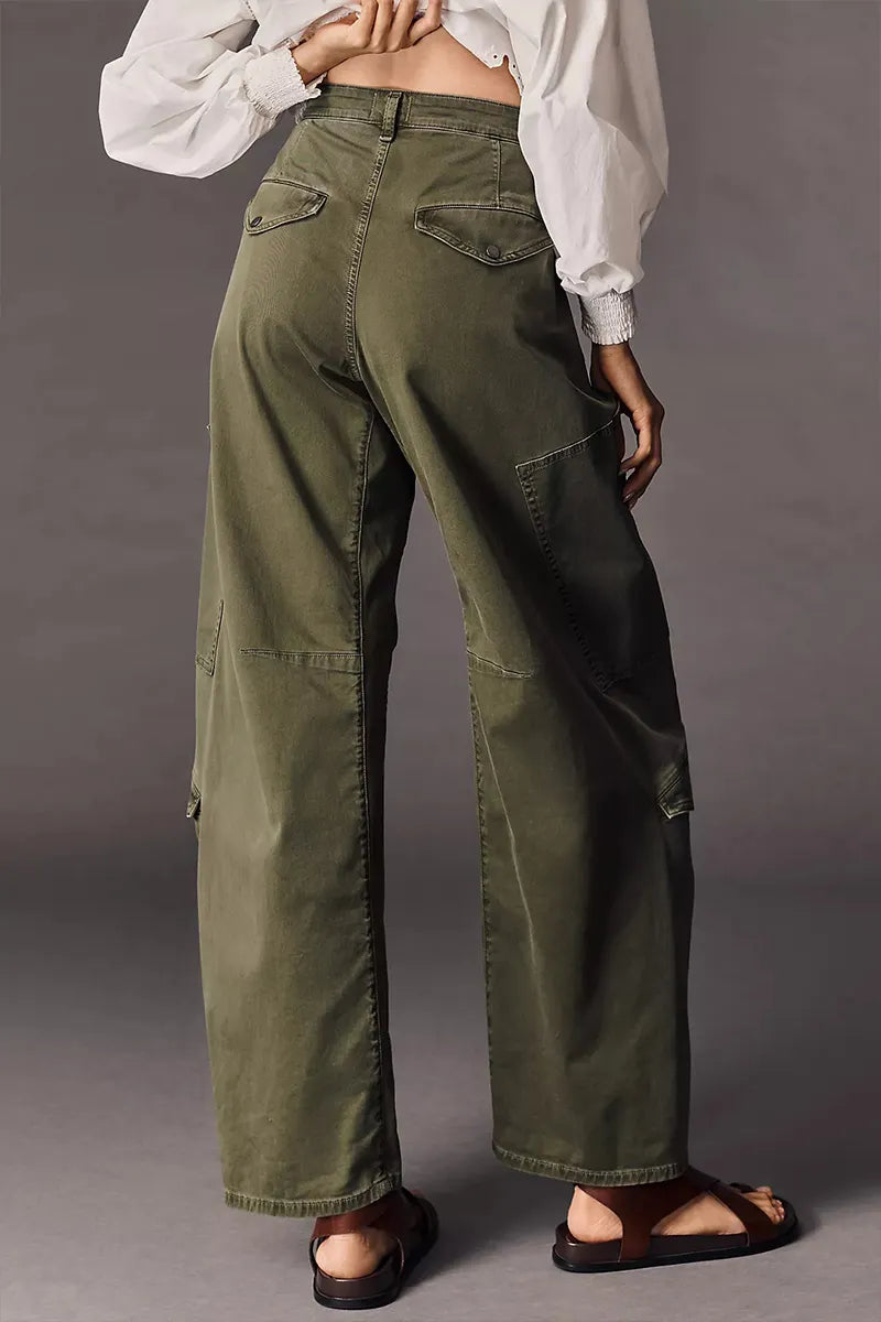 Women High Waist Pleated Front Side Flap Cargo Pocket Straight Leg Washed Olive Green Utility Pants