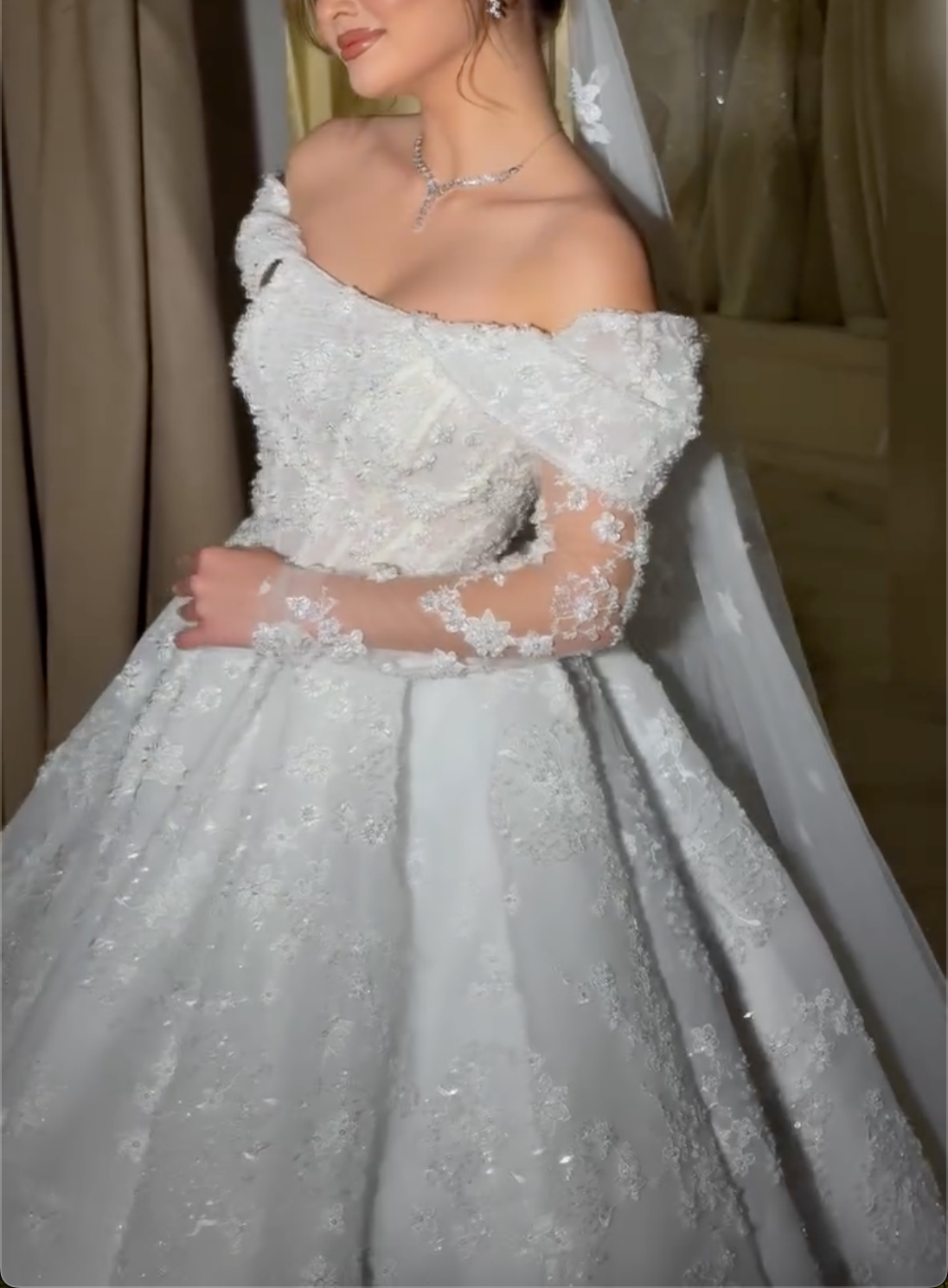 White Lace Off-Shoulder Long Sleeve Ball Gown Wedding Dress