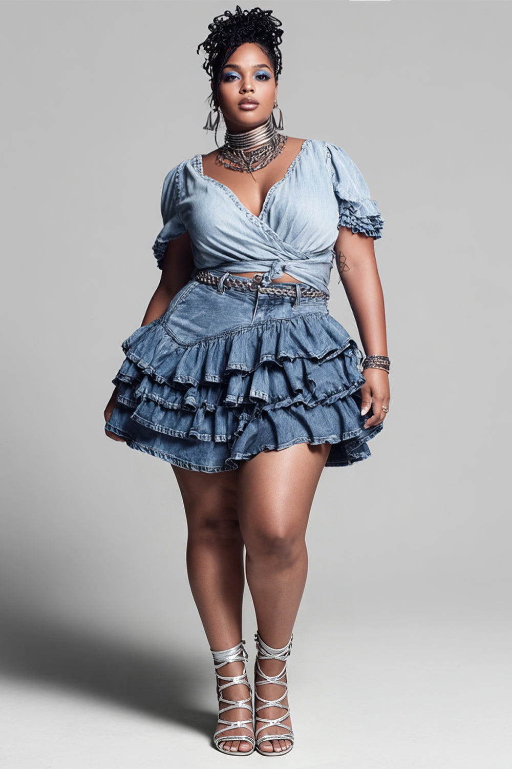 Xpluswear Design Plus Size Daily Casual Blue Ruffle Tiered Denim Skirts