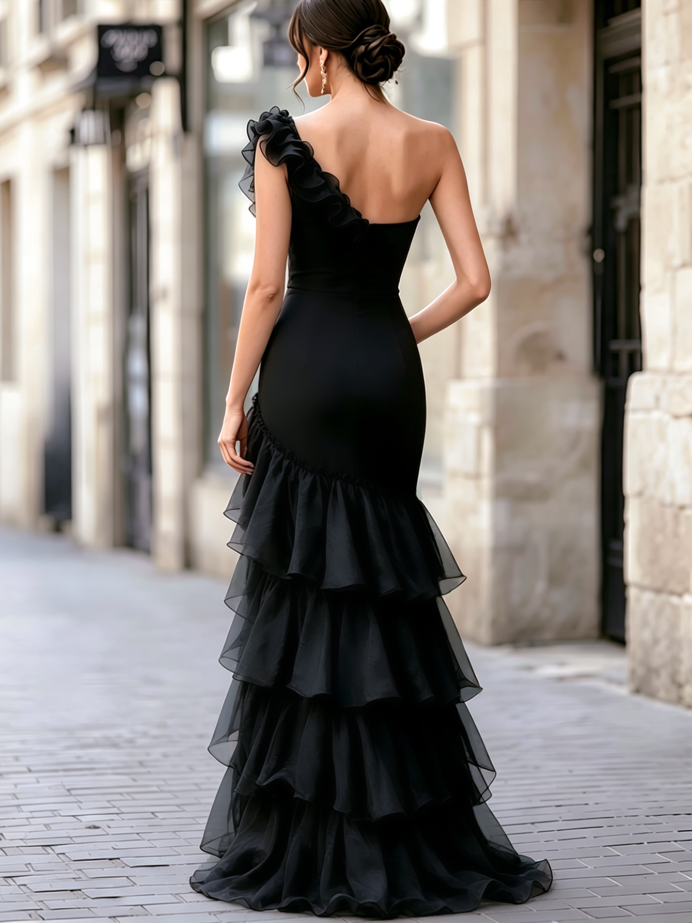 Black One-Shoulder Tulle Ruffle High-Slit Gown – Romantic Evening Statement Dress