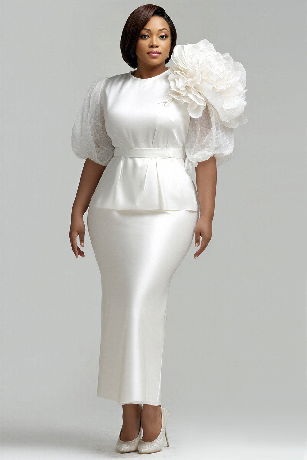 White Round Neck Short Sleeve 3D Satin Two Piece Skirt Sets