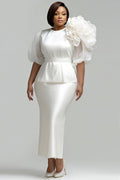 White Round Neck Short Sleeve 3D Satin Two Piece Skirt Sets