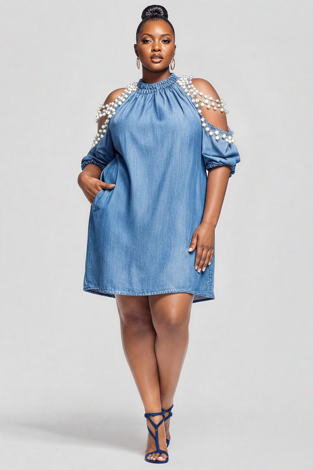 Xpluswear Design Plus Size Party Light Blue Round Neck Cold Shoulder Short Sleeve Pocket Pearls Tencel Denim Mini Dresses