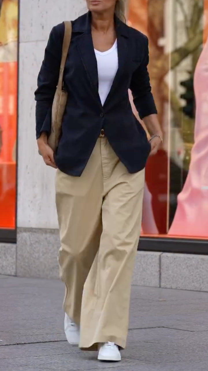 Navy Blazer & Khaki Wide‑Leg Trousers Matching Set
