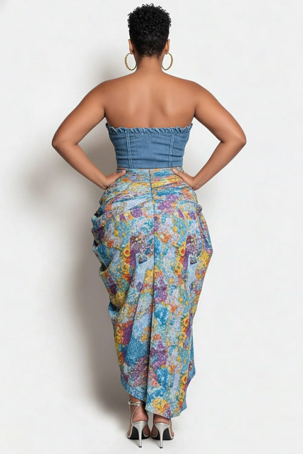 Xpluswear Design Plus Size Party Light Blue Graphic Split Fold Denim Two Piece Skirt Sets