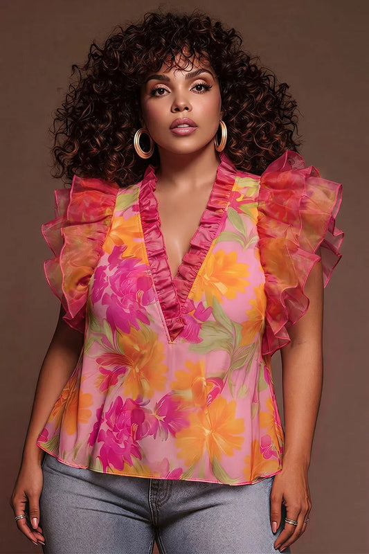 Vacation Elegant Pink Floral V Neck Short Sleeve Ruffle Chiffon Tank Tops