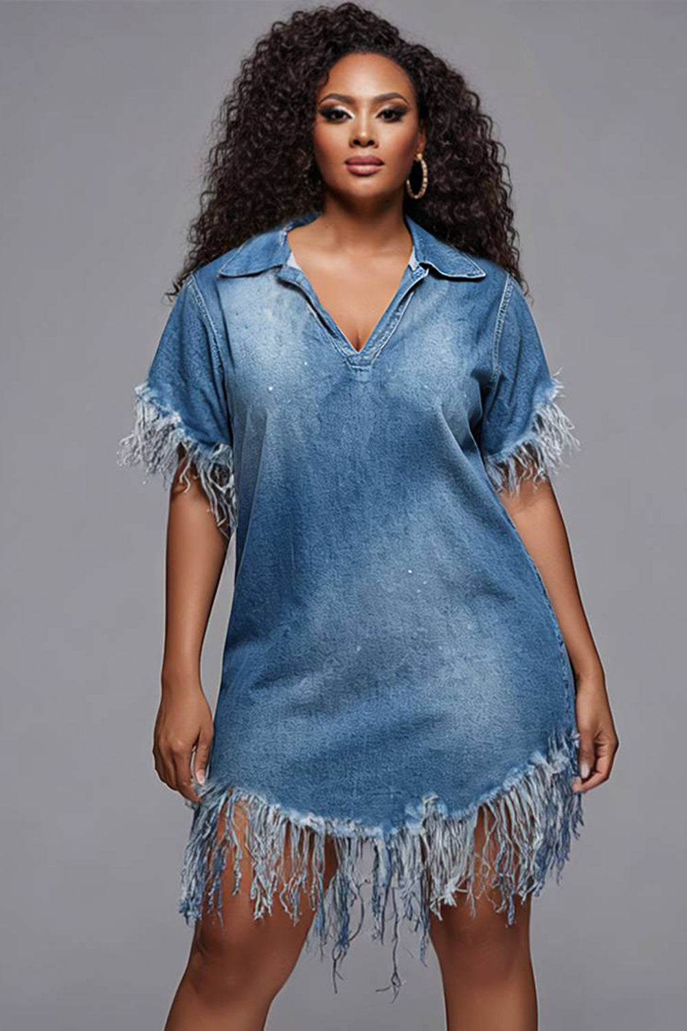 Xpluswear Design Plus Size Party Vintage Blue V Neck Short Sleeve Strappy Denim Mini Dresses