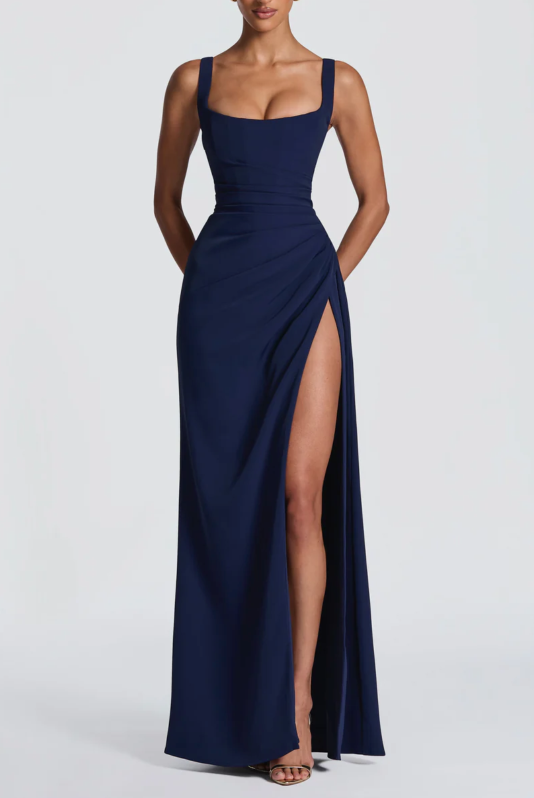 Navy Blue Satin Mermaid Evening Dress, Elegant Strapless Formal Gown with Cowl Neck & Lace Up Back