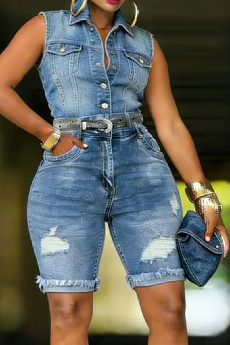 Women's Sleeveless Collared Denim Jumpsuit With Belt Ripped Knee Shorts