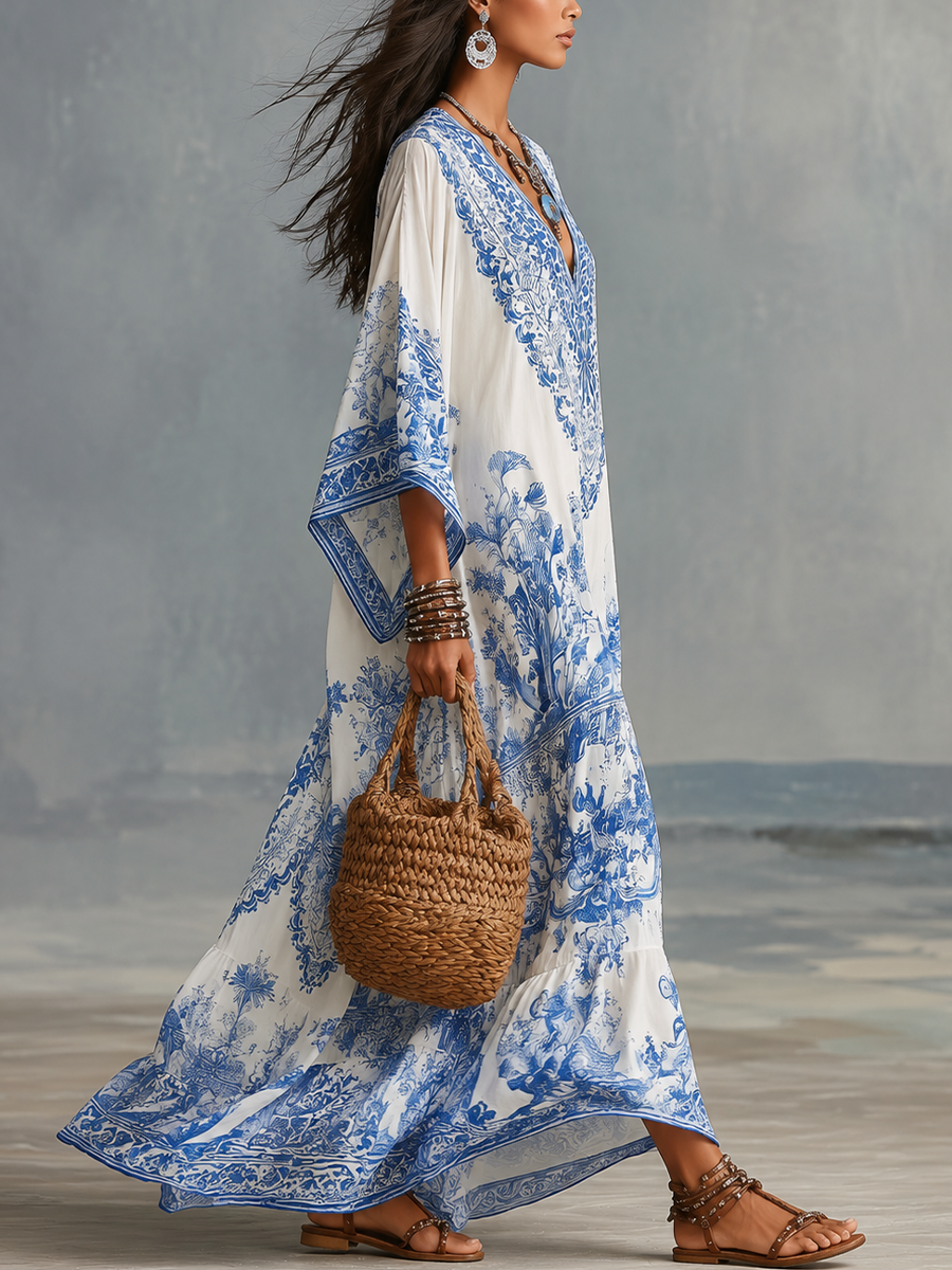 Refined Blue Porcelain Print V-Neck Kaftan Dress