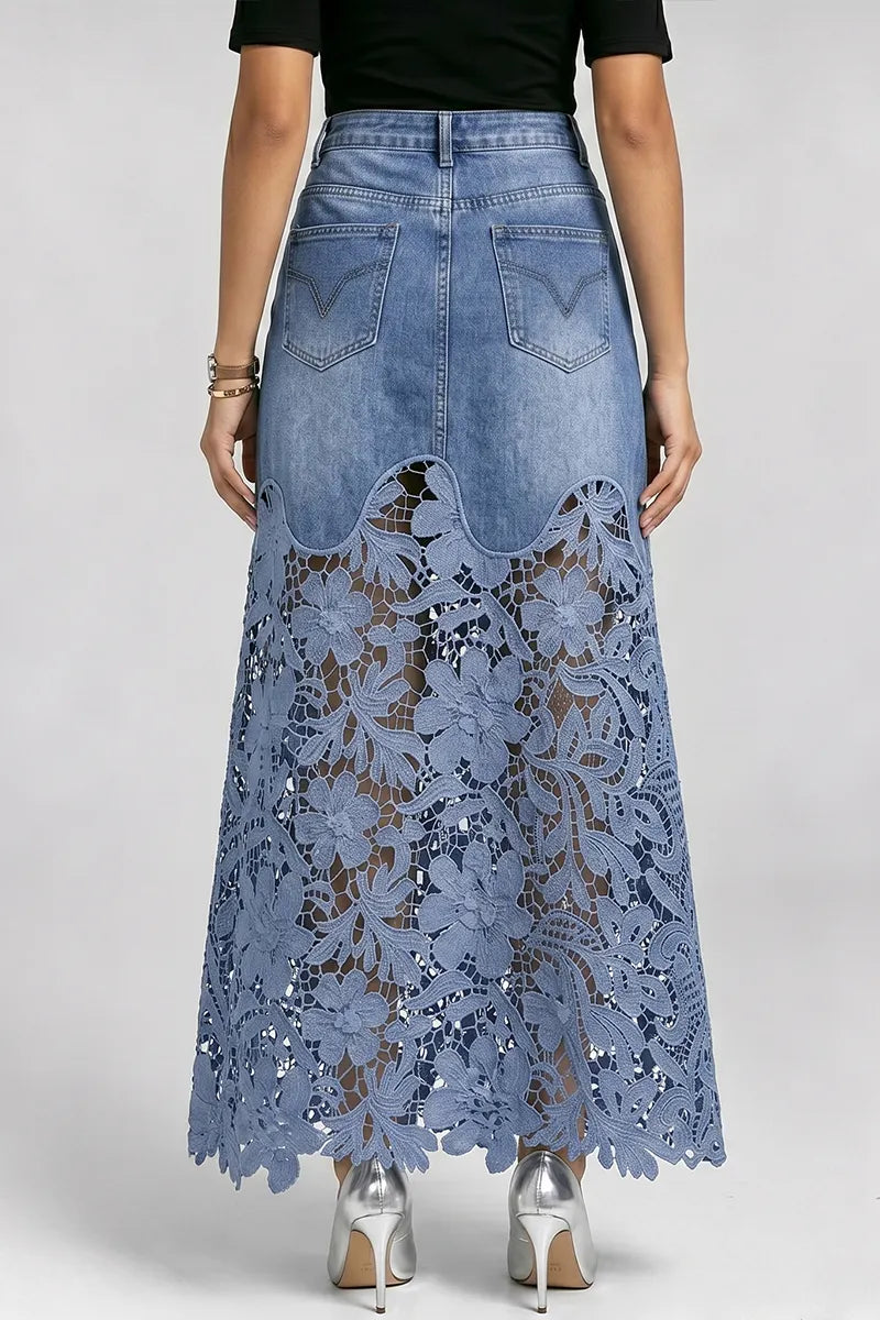 Women's Elegant Lace Panel Denim Skirt