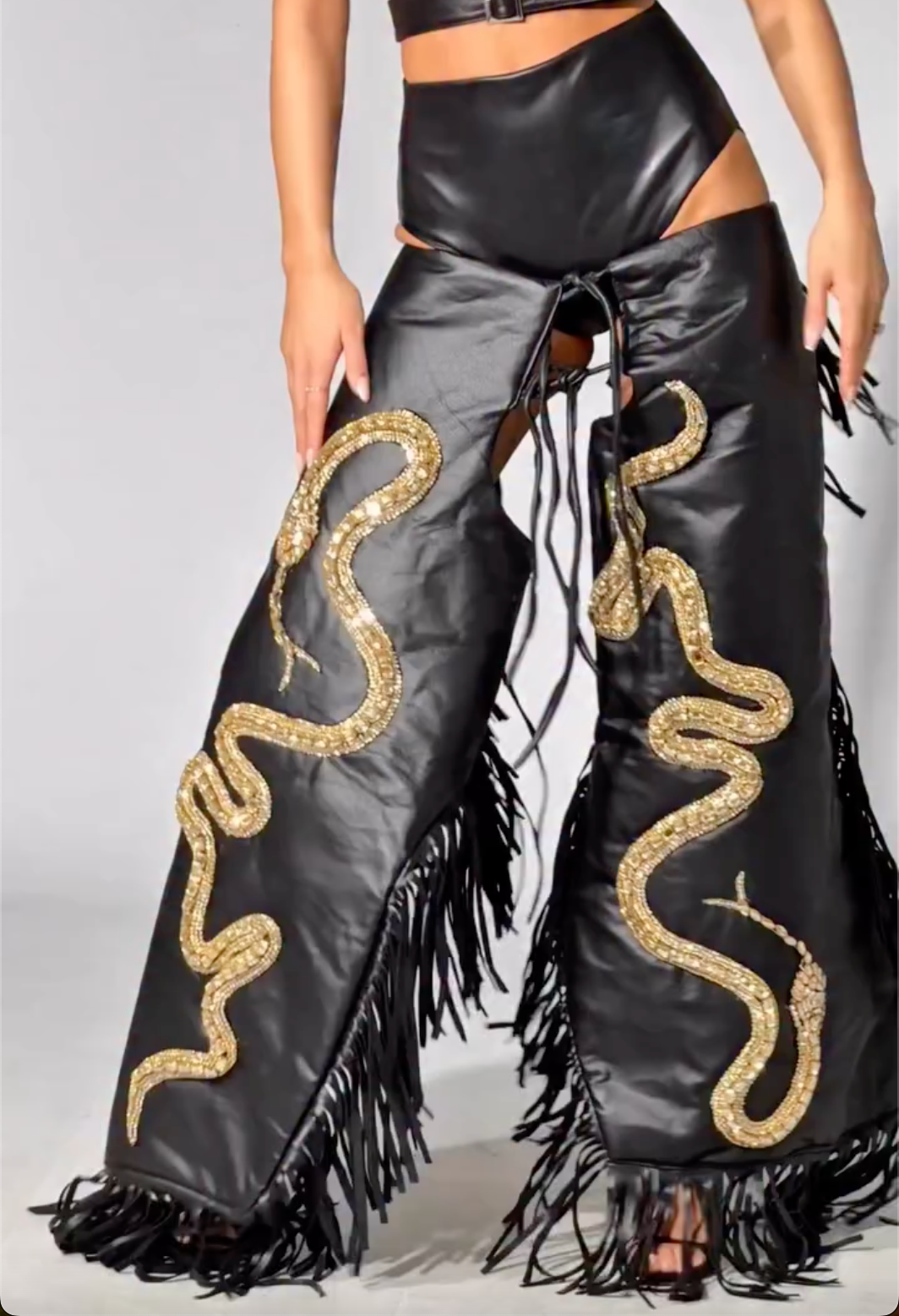 Black Faux Leather Gold Snake Embroidery Fringe Chaps Set with Cutout Crop Top
