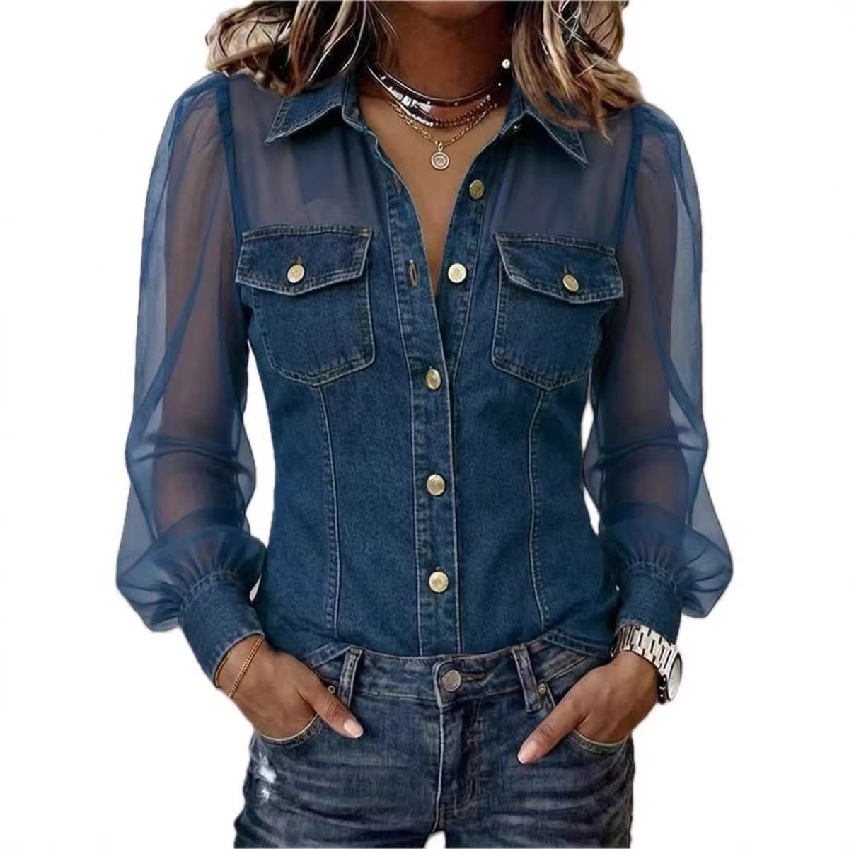 Women's Casual Denim Patchwork Chiffon See Through Button Pocket Long Sleeve Blouse