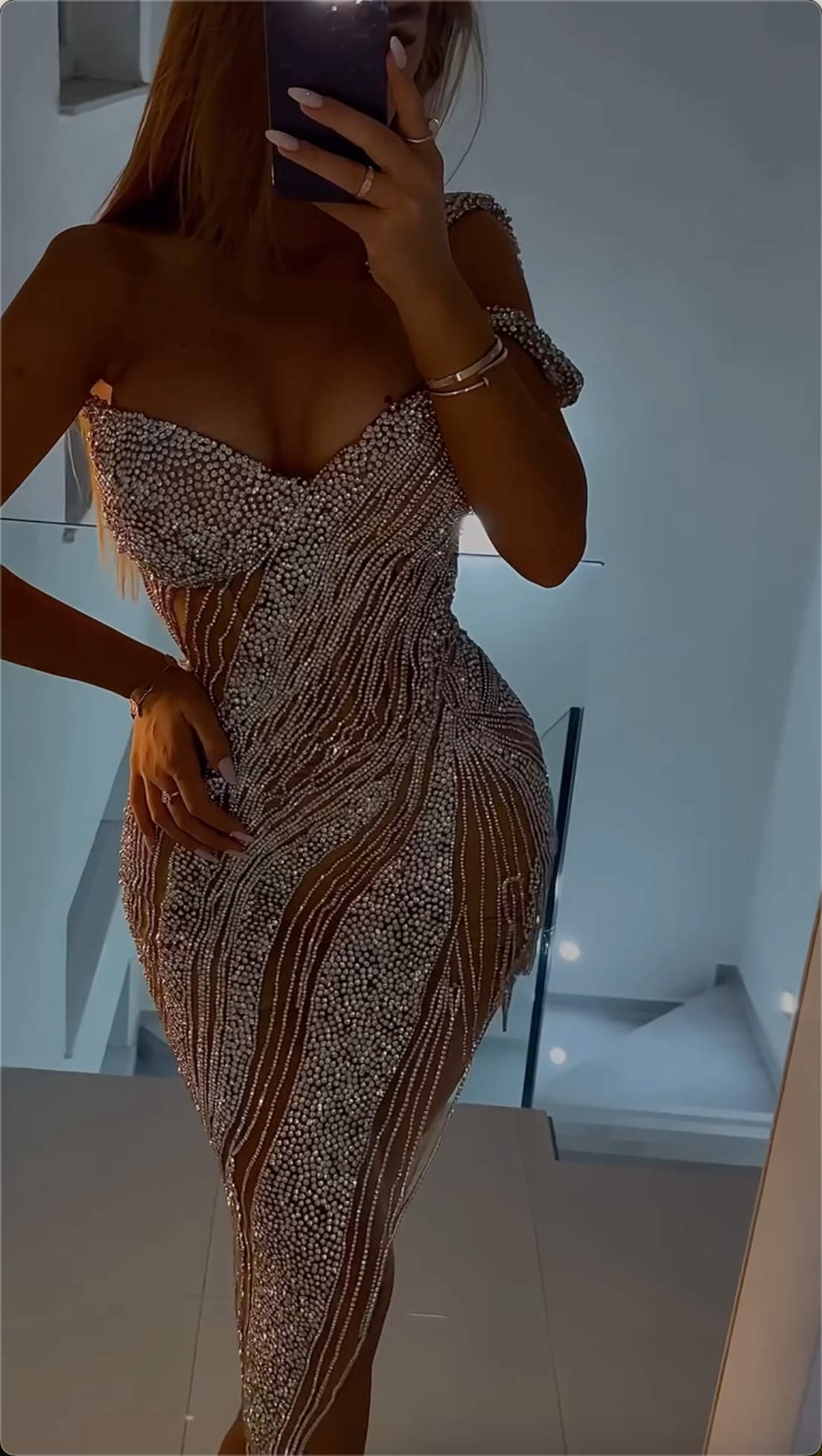 Opulent Silver Strapless Crystal-Encrusted Mermaid Maxi Dress with Sheer Mesh Panels & Single Strap