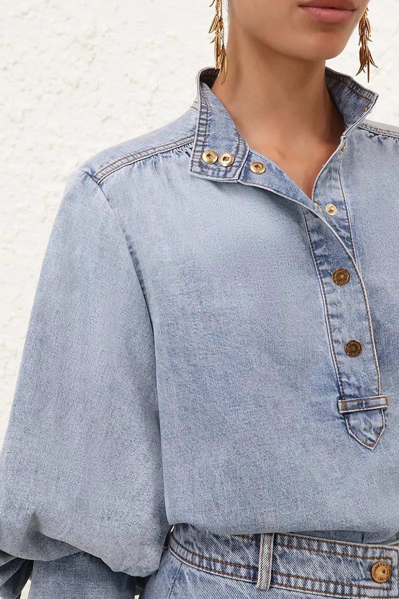 Women's Casual Button Up Denim Top & Casual Long Denim Skirt