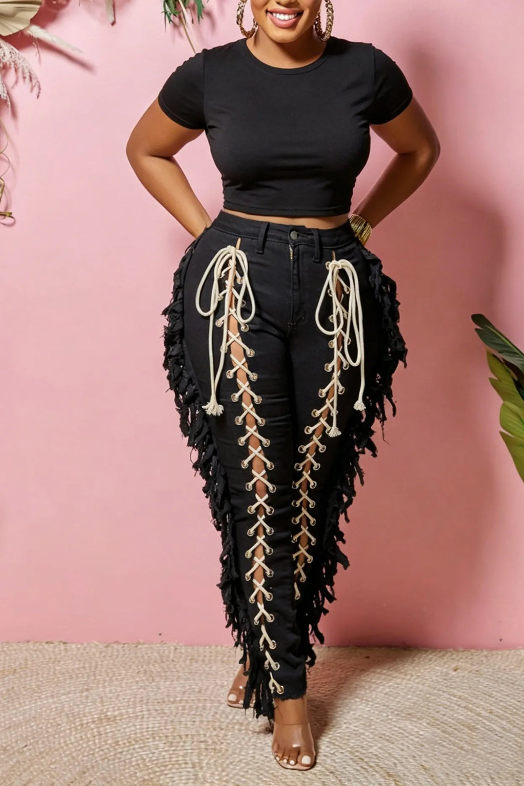 Women's Bestseller Side Fringe Lace Up Front Slim Fit Jeans