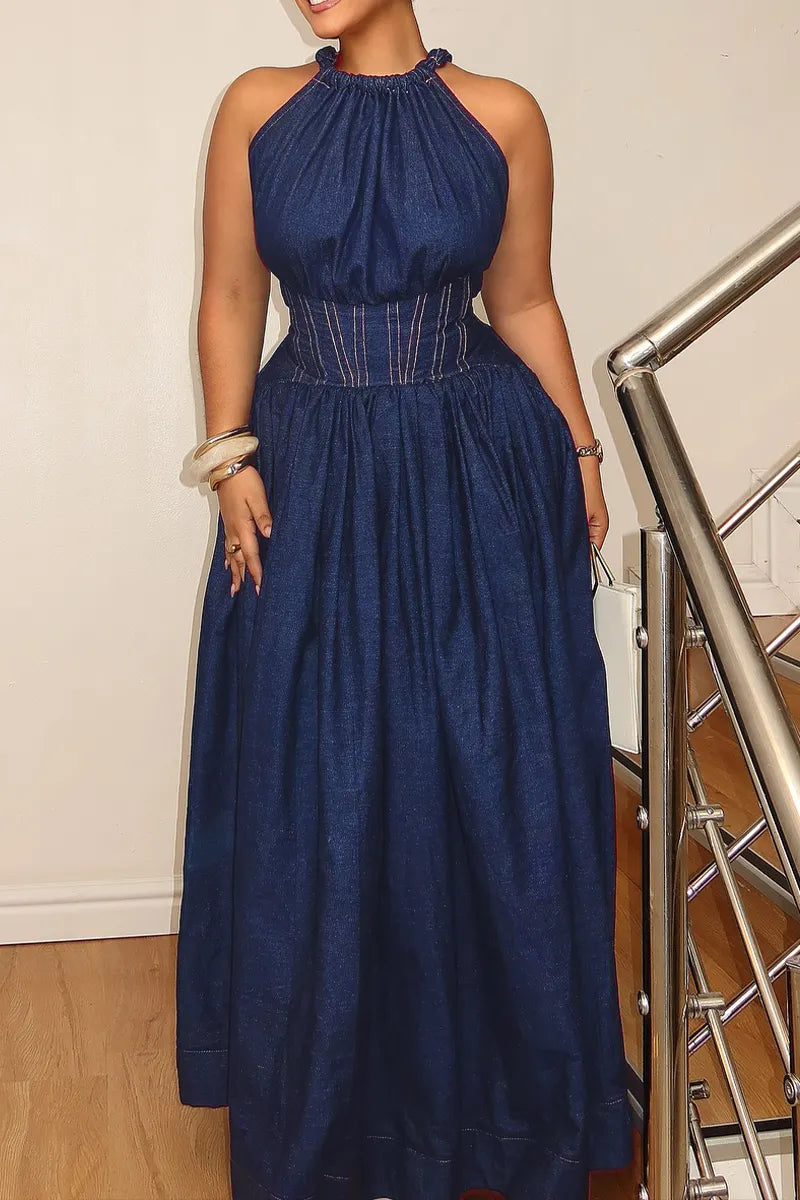 Women‘s Elegant Waist-Defined Denim Dress
