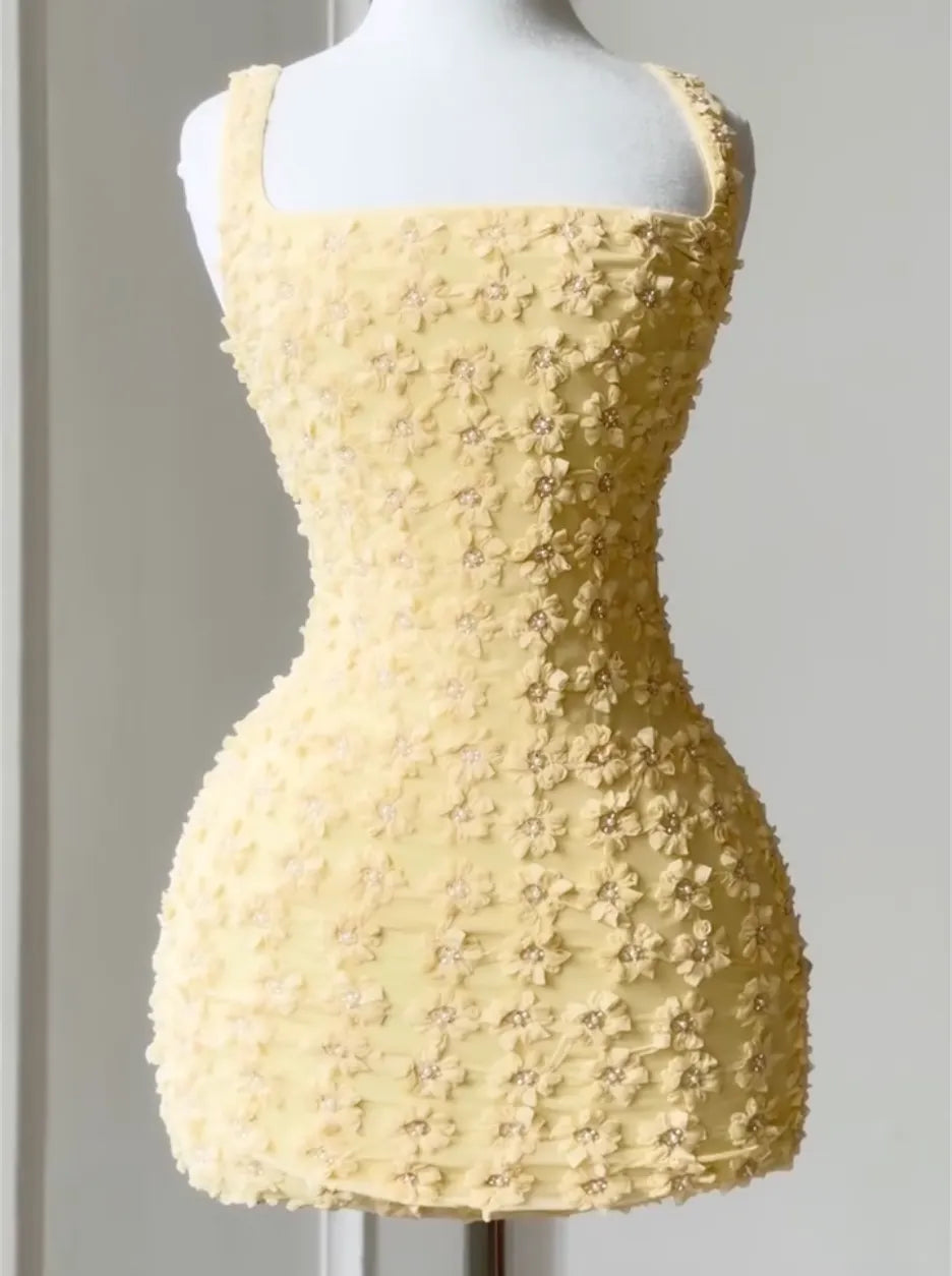 Square Neck Thin Strap 3D Floral Beaded Mermaid Dress, Mini & Maxi Length, Multi-Color Evening Party Gown