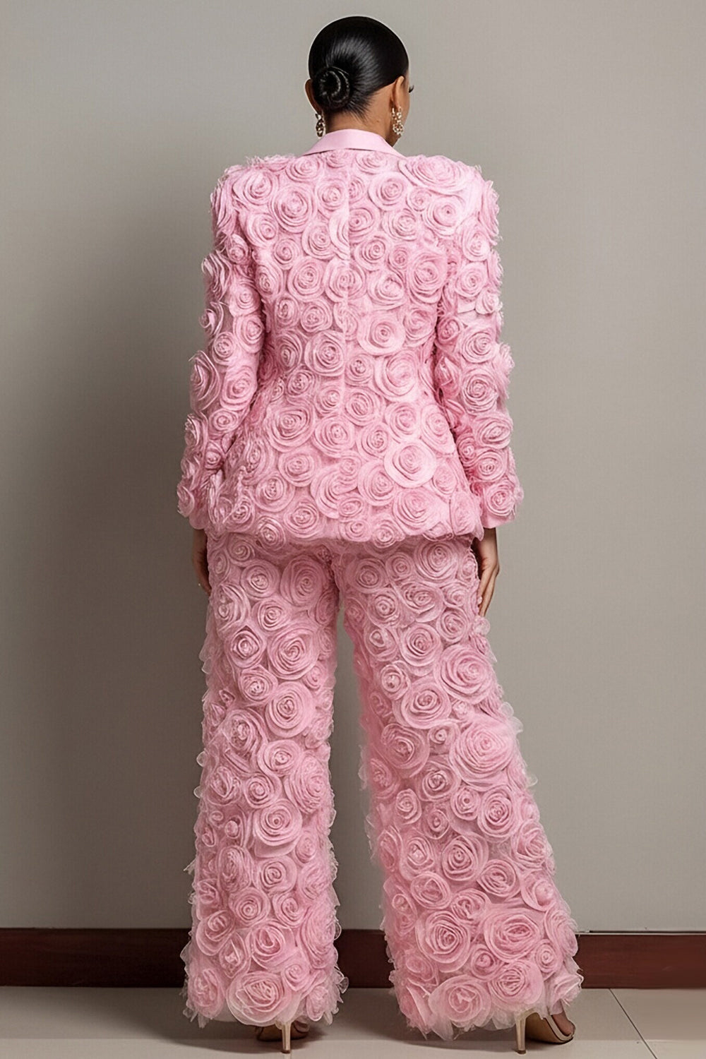 Pink Lapel Collar Long Sleeve 3D Pocket Tulle Two Piece Pant Suits