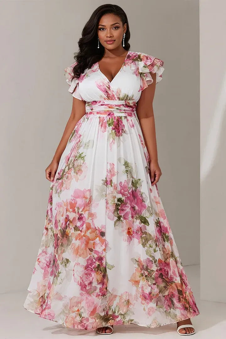 Vacation Pink Floral V Neck Flutter Sleeve Short Sleeve Ruffle Chiffon Maxi Dresses