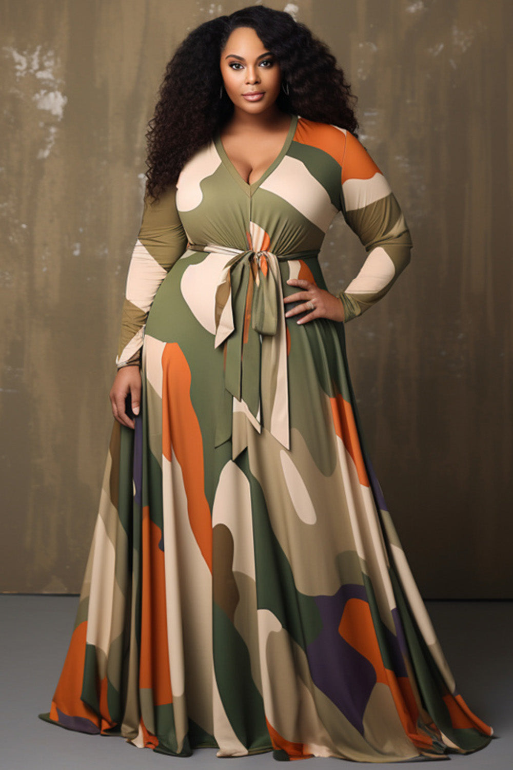 Daily Army Green Camo V Neck Long Sleeve Wrap Casual Pocket Maxi Dresses