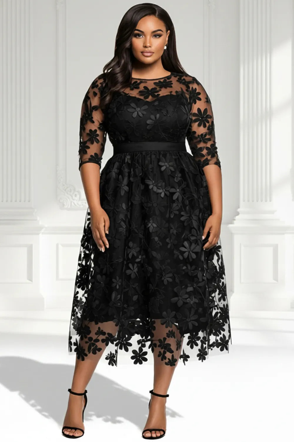 Cocktail Party Elegant Black Round Neck Half Sleeve See Through Tulle Midi Dresses