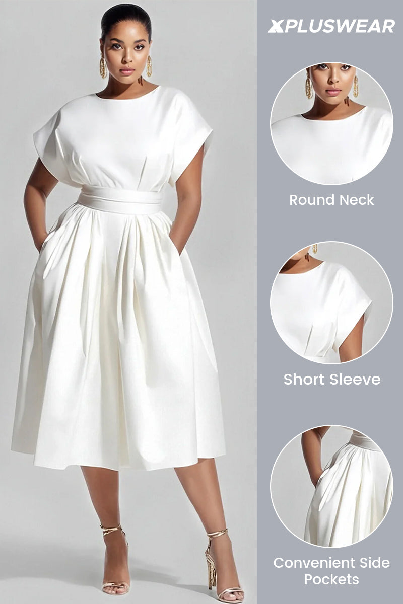 Daily White Round Neck Short Sleeve Pocket Midi Dresses