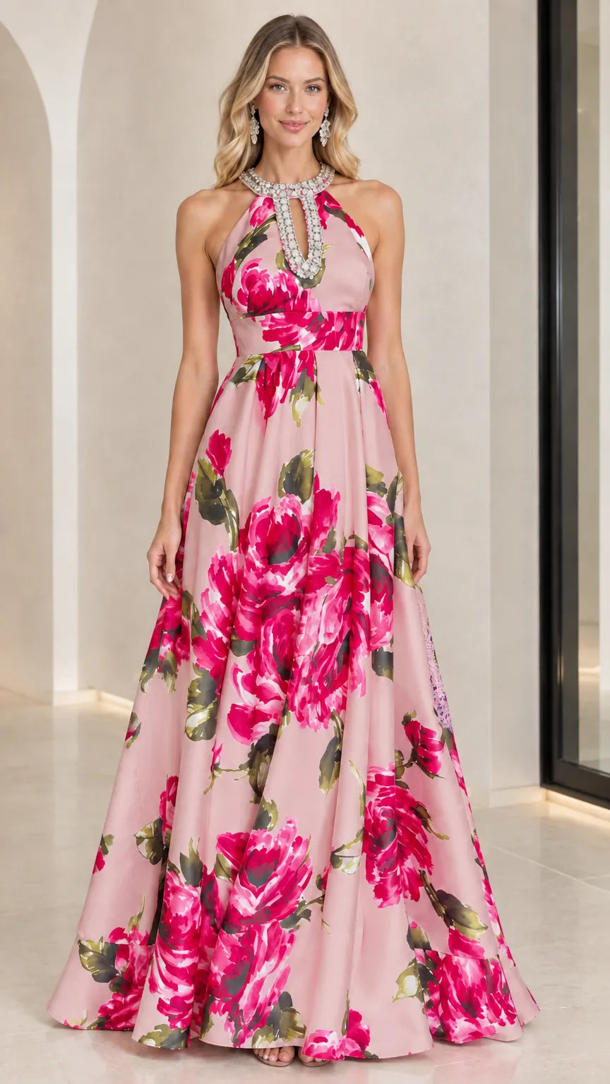 Floral Print Rhinestone Halter Neck A-Line Maxi Evening Gown