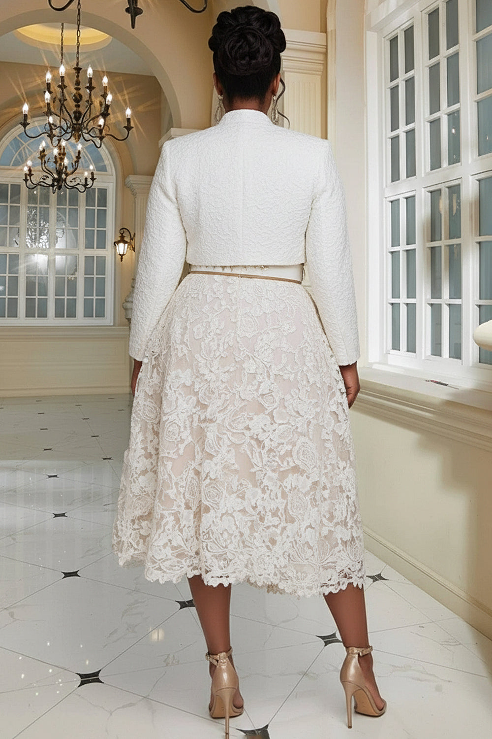 White Round Neck Long Sleeve Lace Two Piece Dress Set